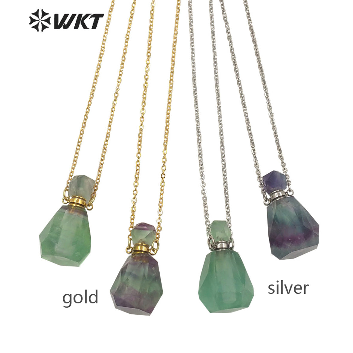 WT-N1312 Wholesale Fashion Gold Stainless Steel Handmade Cab Chon Natural Raw Fluorite Stone Perfume Bottle Necklace for Women