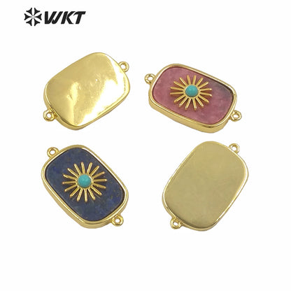 WT-C297 Newest Design High Polish Surface Natural Stone Double Loops Connectors Women Gold Bezel Precious Stone Connectors