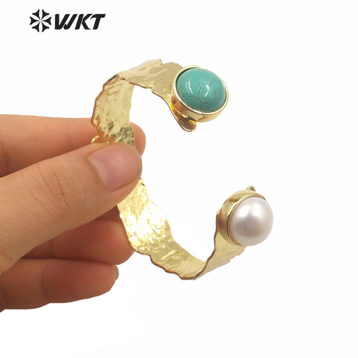MPB019 WKT Exclusive Gold Electroplated Double Stone Bangle Irregular Hot Sales Chunky Brass Bangle With Two Sone Gift Bangle