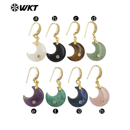 WT-E816 Lovely Style Zircon And Natural Gemstones Moon Shape Little Gold Pendant Earrings As Lady Daily Decorative Jewelry