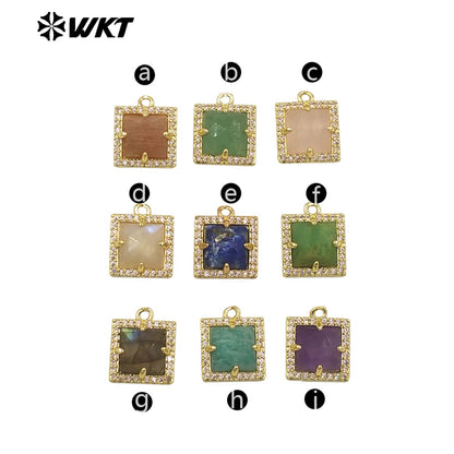 WT-P1994 Wholesale Jewelry Colorful Square Shape Gemstone Tiny Pendant With Zircon Paved Earring Fine Accessory Making