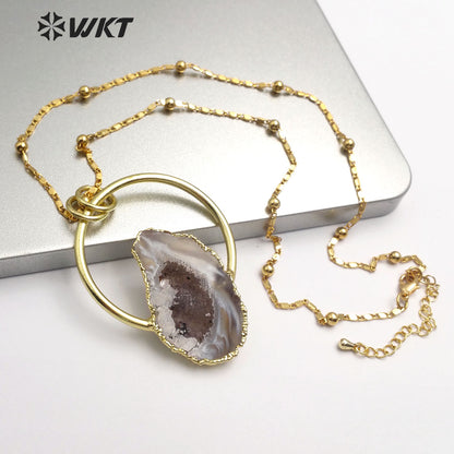 WT-N1165 Natural Druzy Geode Agate Necklace Gold Plated Irregular Shape Stone Pendant Necklace Women Fashion Necklace Jewelry