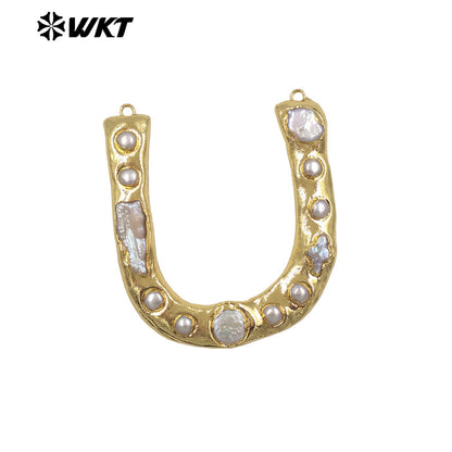 WT-PC013 Wholesale Back Full Gold Plated Natural Freshwater Pearl U Letter Shape Big Connectors As DIY Jewelry Accessories