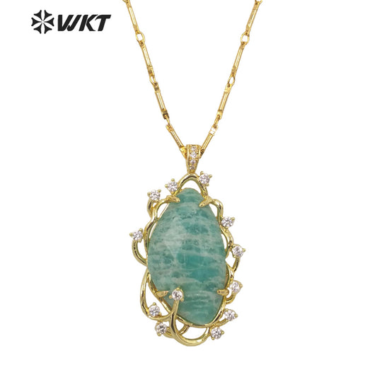 WT-N1351 Wholesale Fashion Gold Plated Natural Gemstone Bezel Setting Pendant Necklace Women Gorgeous Micro Pave Stone Necklace