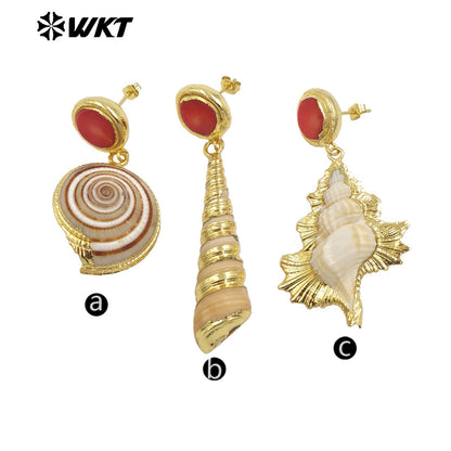 WT-MPE140 New Arrivals Fashion Unique Design 18K Gold Plated Red Coral Shell Trumpet Earrings Jewelry for Women As Special Gift