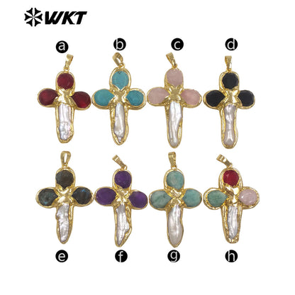 WT-JP382 Classic Cross Shape With Colored Natural Stone Pearl and 18k Gold Plated Pendant for Necklace Accessory