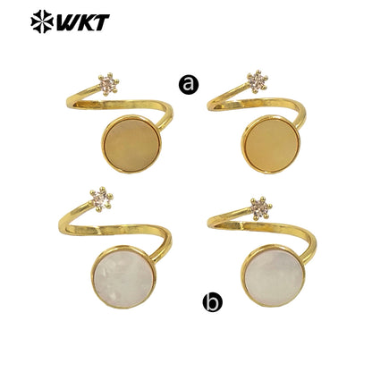 WT-MPR097 Wholesale Fashion Gold Plated Round Natural Shell Double Stone Jewelry Ring in 18K Brass Resist Tarnishable