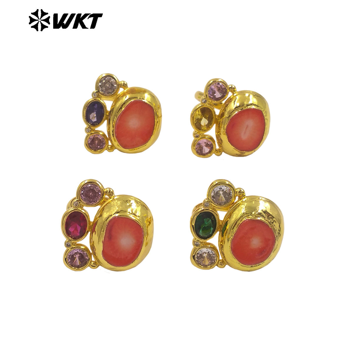 WT-MR041 18K Gold Plated Resist Tarnishable Cute Women Ring With Natural Red Coral And Colorful Cubic Zircon Adjustable