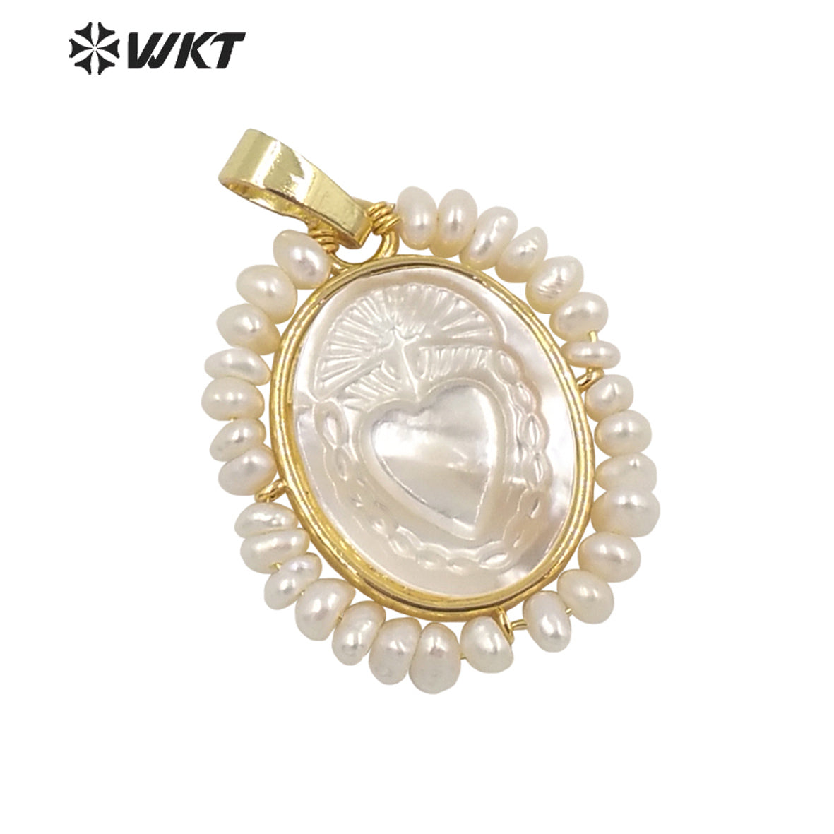 WT-JP254 Hot Handmade Carved White Shell Sacred Heart Pendant Women Wire Wrapped With Pearl Charm in Mary Heart Shell