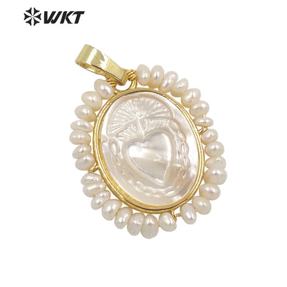 WT-JP254 Hot Handmade Carved White Shell Sacred Heart Pendant Women Wire Wrapped With Pearl Charm in Mary Heart Shell