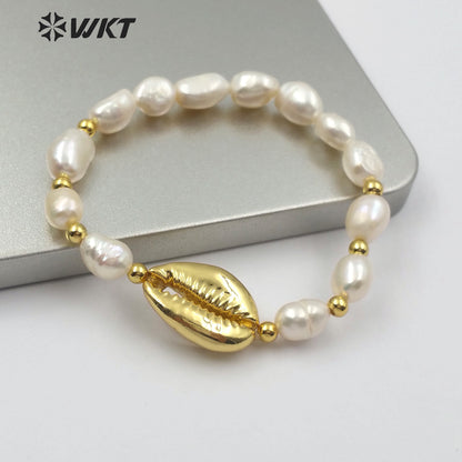WT-B458 New Fashion Handmade Jewelry Adjustable Bracelets Gold Brass Beads and Pearl and Full or Half Plated Cowrie Bracelets