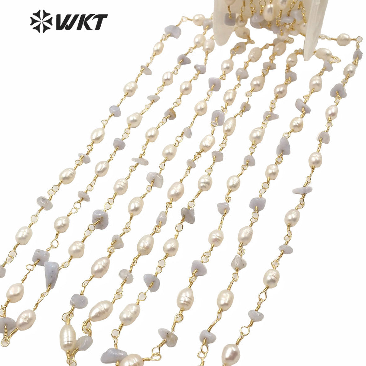 WT-RBC166 Fashion Gold Electroplated Non Tarnishable Pearl and Stone Mix Beads Rosary Chain Findings Lady Necklace Chain