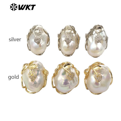 WT-MPR087 Gorgeous High Bright Natural Freshwater Baroque Pearl Ring Women Gold Claw Setting Precious Gift for Birthday