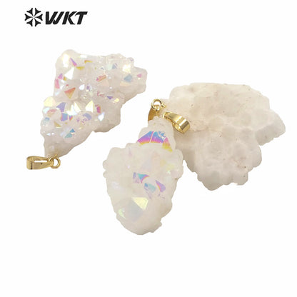 WT-P1561 Amazing rainbow Natural Aura Cluster Quartz Pendant One Single Hoop Druzy Cluster Quartz Angel Pendant
