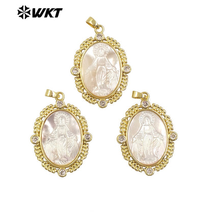 WT-JP368 Wholesale New Arrival Exclusive Fashion Gold Plated Religious Lady of Grace Guadalupe Shell Pendants in Bezel