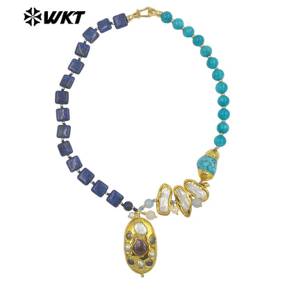 WT-JN359 Wonderful Trendy Natural Gemstones And Pearls Splicing With Gold Plated Big Pendant Necklace For Women Unique Jewelry