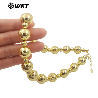 WT-JFN15 New Popular Simple Cool 18K Real Gold Plated 16MM Big Brass Ball Beads Women Necklace With Extend 18inch Long