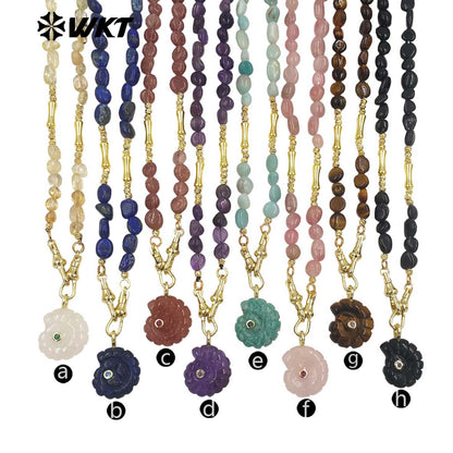 WT-N1520 Boutique Stone Beads Splicing Brass Chain With Natural Gemstones Carved Trumpet Pendant Necklaces For Friend Gift