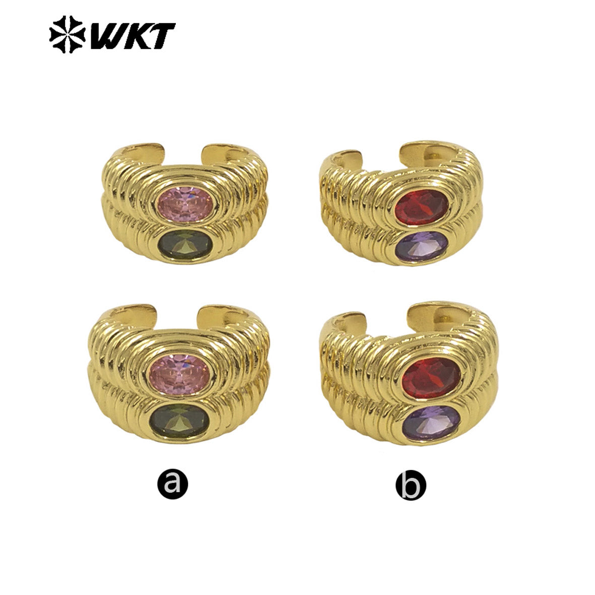 WT-MR039 Popular Fashion 18K Gold Plated Double Cubic Zircon Wide Band Cocktail Ring for Women