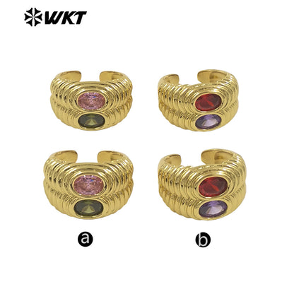 WT-MR039 Popular Fashion 18K Gold Plated Double Cubic Zircon Wide Band Cocktail Ring for Women