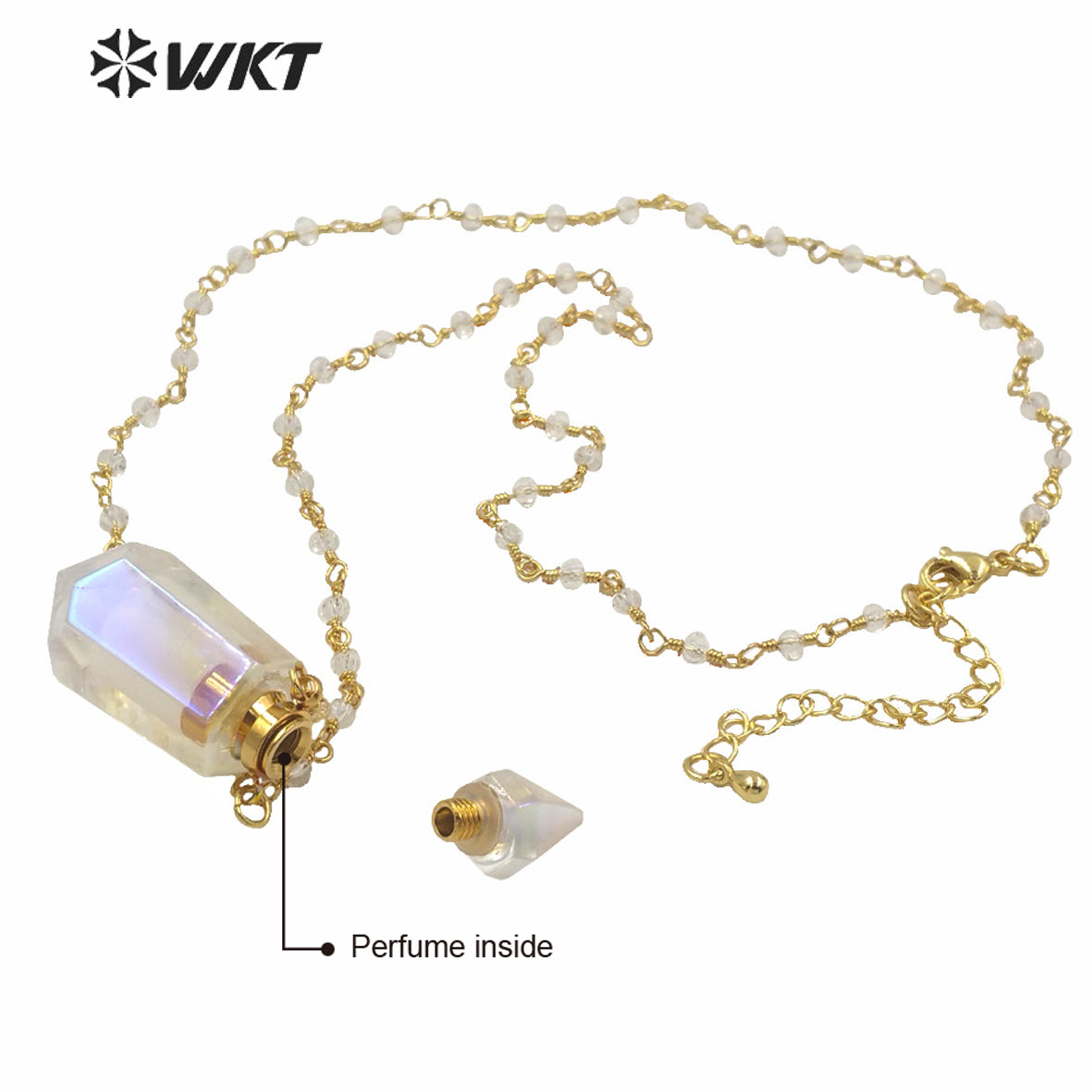 WT-N1233 Wholesale Women Double Point Aura Crystal Quartz Point Necklace Gold Plated Crystal Rosary Beads Spirit Bottle Necklace