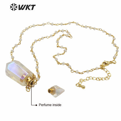 WT-N1233 Wholesale Women Double Point Aura Crystal Quartz Point Necklace Gold Plated Crystal Rosary Beads Spirit Bottle Necklace