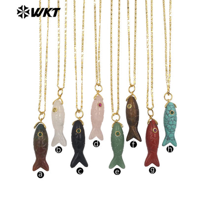 WT-N1512 Delicate Metal Thin Chain And Natural Gemstones Little Fish Shape Pendant Necklaces As Girls Elegant Accessories