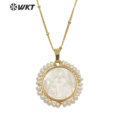 WT-JN154 Amazing Super Hot Handmade White Natural Religious Christian Virgin Mary Pendant with Tiny Pearl Around Charm Pendant