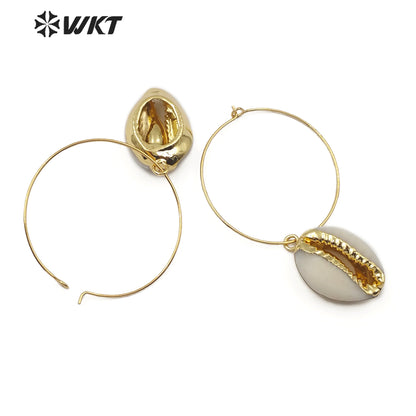 WT-E516 Hot Sale Bohemia Shell Jewelry With 18K Gold Electroplated Natural Cowrie Earring Big Loop Shell Earring