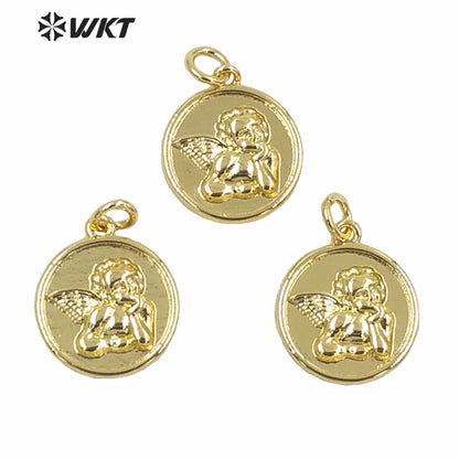 WT-MP190 Wholesale Round Tiny Gold Metal Angel Charms Pendant Hand Make Jewelry Findings Design God Angle Pendant