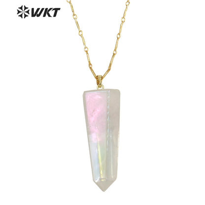 WT-N1390 Amazing Healing Aura Crystal Quartz Point Necklace Simple Hoop Angel Color Stone Hexagon Necklace in Gold