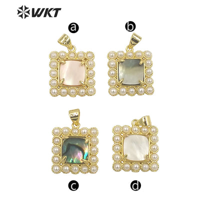 WT-JP356 Unique Gold Claw Setting Natural Square Abalone Shell Pendants With Artificial Pearl Charming Jewelry Pendants