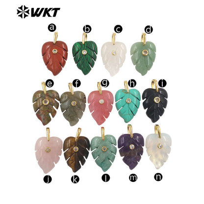 WT-P2141 Wonderful Zircon And Multi Colors Natural Gemstones Hand Carved Leaf Shape Gold Pendants For Lady Earrings DIY