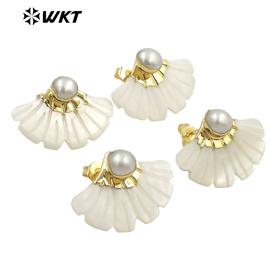 WT-MPE094 WKT Latest Korean Style Pearl Natural White Shell Fan Design Gold Plated Earrings for Women Commuter Accessories