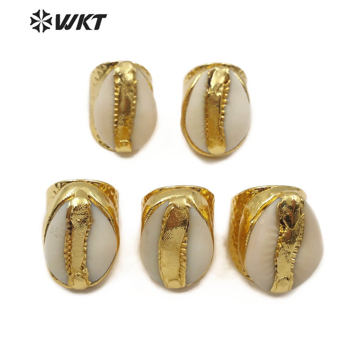WT-R333 Wholesale Bohemian Style Cowrie Ring for Women Jewelry in 18K Gold Plated Adjustable Natural Cowrie Shell Ring