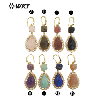 WT-E697 Wholesale Fashion Micropaved Cubic Zircon Setting Stone Earrings Attractive Long Drop Gemstone Hoop Earrings for Gift