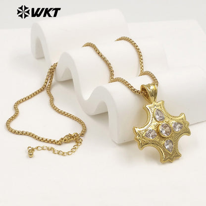 WT-JFN66 Popular Trendy Gold Plated Yellow Brass And Zircon Cross Shape Pendants Necklace For Lady Party Decorative Jewelry