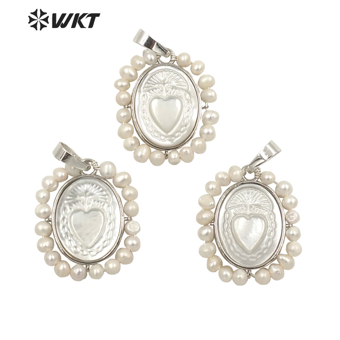 WT-JP254 Hot Handmade Carved White Shell Sacred Heart Pendant Women Wire Wrapped With Pearl Charm in Mary Heart Shell