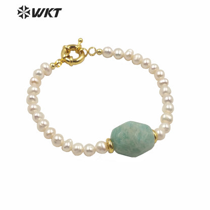 MPB006 Gorgeous Natural Freshwater Pearl Beads Bracelet with Stone Themed Lady Elegant White Pearl and Stone Bracelet with Clasp