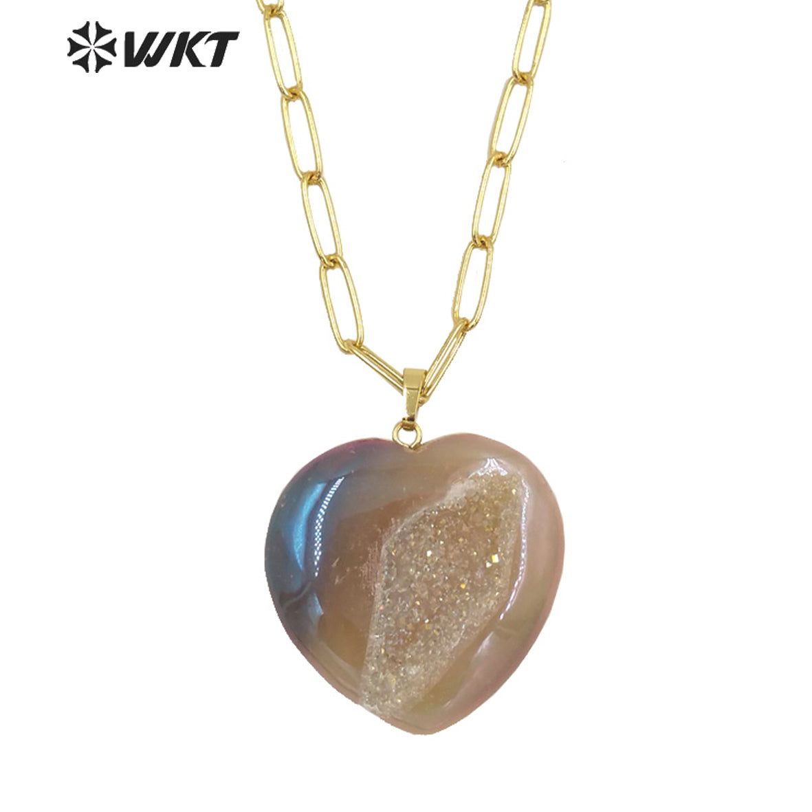 WT-N1394 Wholesale Fashion Gold Simple Grey Geode Agate Heart Stone Necklace Women Long Link Chain with Druzy Stone for Lover