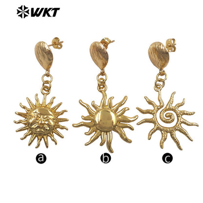 WT-E806 Good Quality Interesting Design Gold Electroplated Yellow Brass Metal Sun Shape Earrings For Women New Year Presents