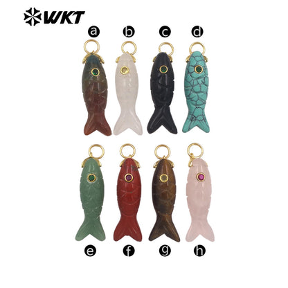 WT-P2069 Cute Design Zircon And Natural Gemstones Hand Carved Fish Shape Little Pendants For Lady Jewelry DIY Accessory