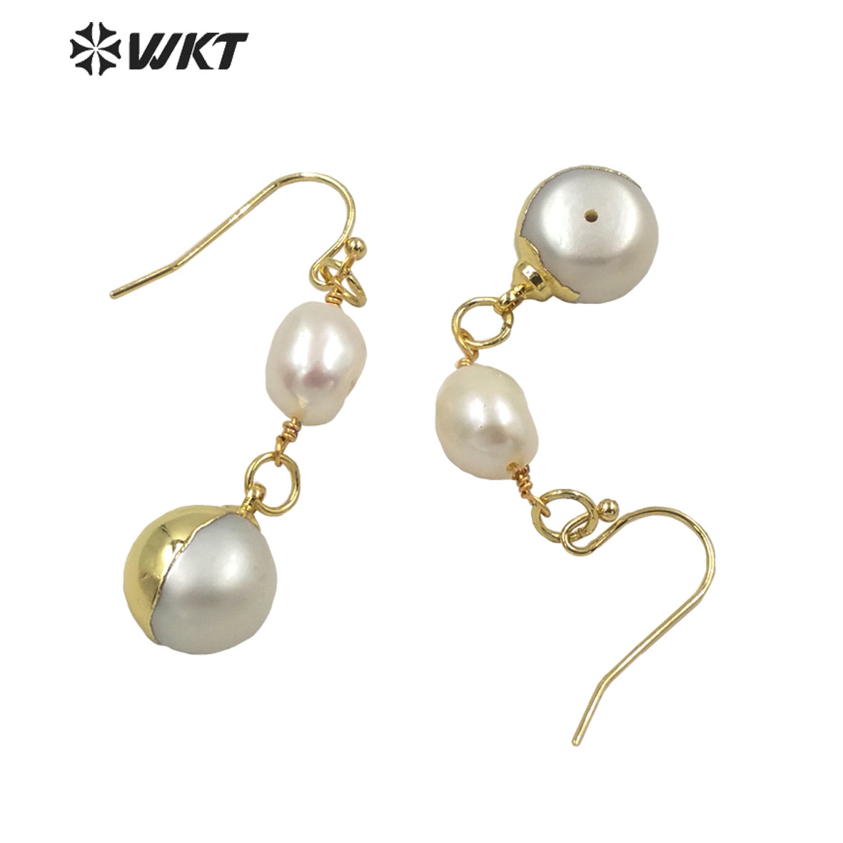 WT-MPE057 Elegant Style Long Dangle Natural Freshwater Pearl Earrings Fashion Chic Round Pearl Gold Pearl Earrings