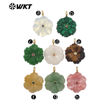 WT-JP522 Popular Trendy Zircon And Colorful Natural Gemstones Hand Carved Flower Shape Gold Pendants For Lady Jewelry Design