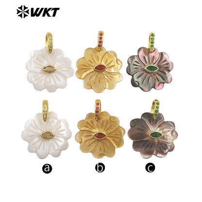 WT-JP485 Exquisite Corolful Zircon And White Shell Carved Flower Shape Gold Pendants For Lady Beautiful Earrings DIY Design