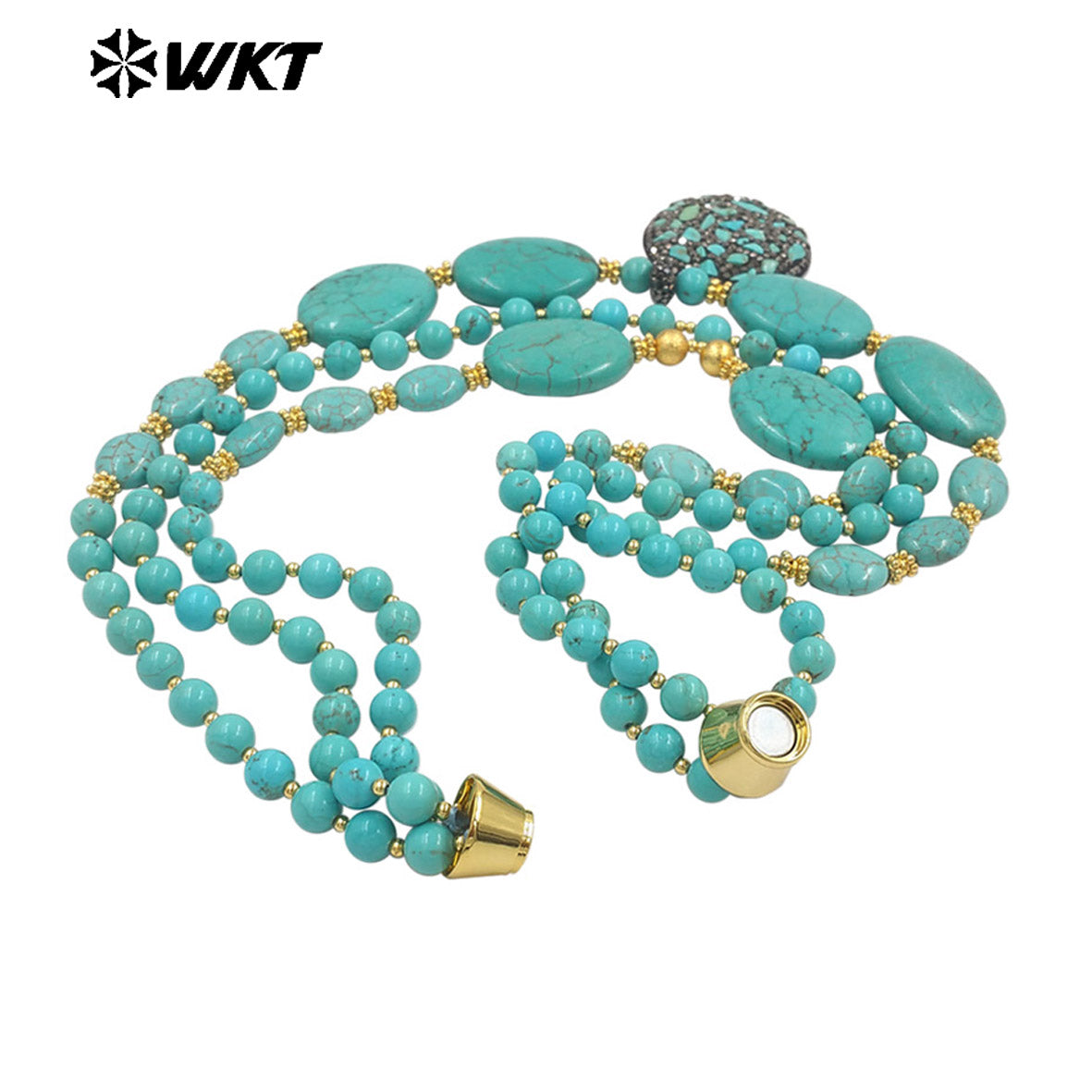 WT-N1506 Gorgeous Luxury Natural Turquoise And Gold Plated Bead With Little Stones Pendant Three Layers Necklace For Unique Gift