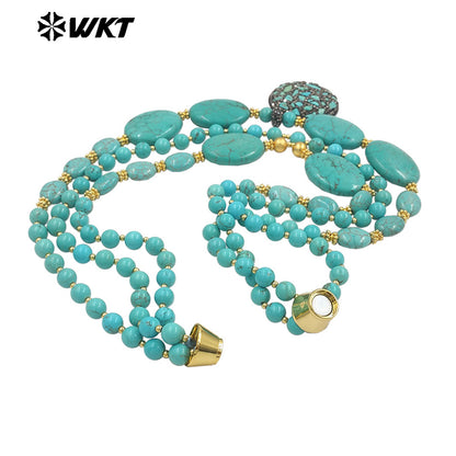 WT-N1506 Gorgeous Luxury Natural Turquoise And Gold Plated Bead With Little Stones Pendant Three Layers Necklace For Unique Gift