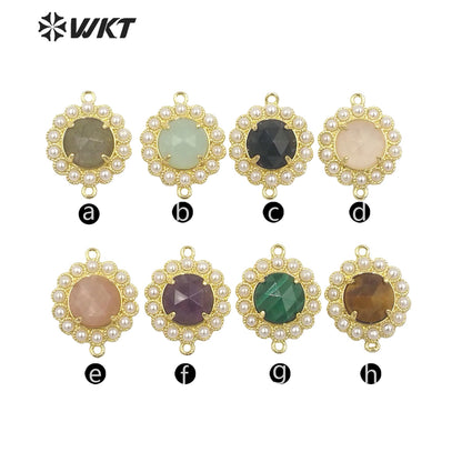 WT-PC005 Wholesale Fashion Gold Plated Double Loops Round Stone With Shell Pearl Around With Claw Setting Connector Findings