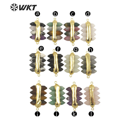 WT-N1460 WKT NEW Design Double Gemstone Point Rose Quartz Amethyst Energy Lucky Stone Necklace Many Colors Available