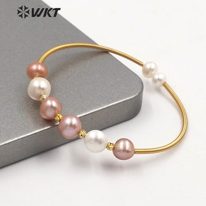 WT-MPB032 High Populared Gold Wire Wrapped Natural Round Freshwater Pearl Bangle Fashion Tiny Elegant Pearl Beads Bangle